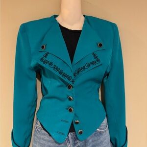 Vintage Teal City Girl Cropped  Women's Blazer Jacket with Black Embroidery